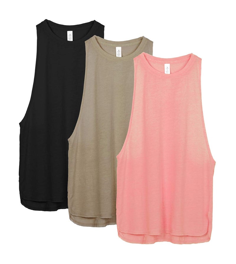 icyzone Workout Tank Tops for Women - Running Muscle Tank Sport Exercise Gym Yoga Tops Athletic Shirts(Pack of 3)(L,Black/Beige/Pale Blush) - Image 1